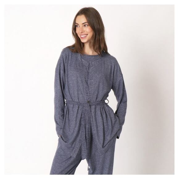 Cuddl Duds Soft Cardigan Sweater Petite Large Heather Navy Blue Loungewear Top - Picture 1 of 9